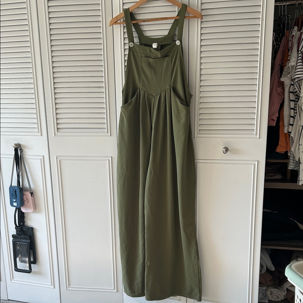 Green waffle knit overalls